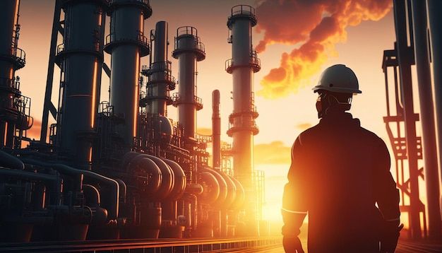 Premium Photo _ Workers in the oil field the petrochemical industry and the production of oil and gas inside a refinery production plant factory workers or engineers stroll by gas pipelines generative ai